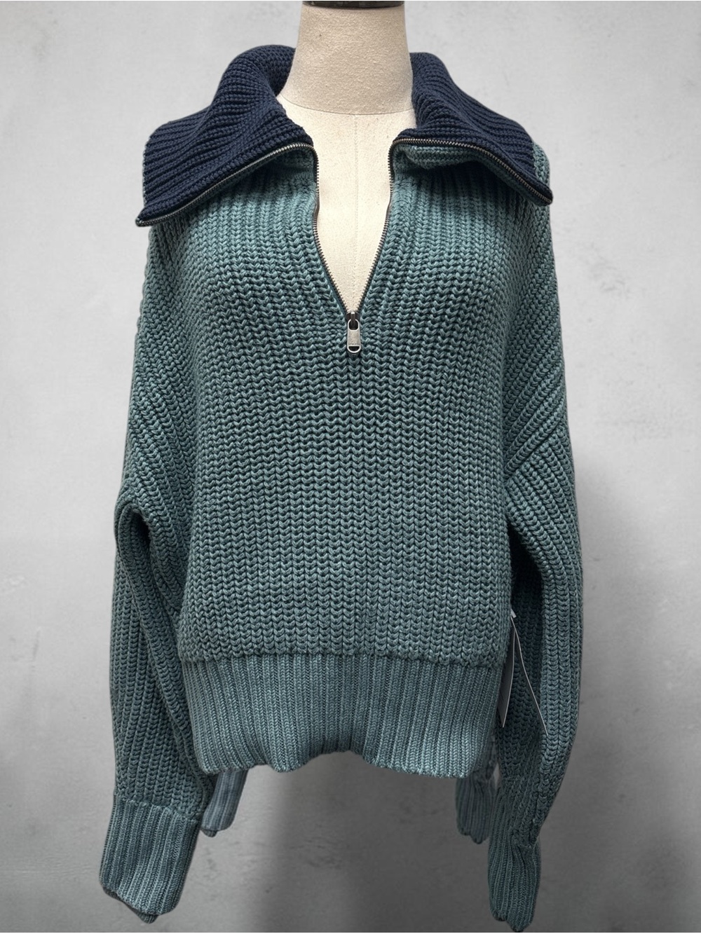 *NWT*Athleta Teal Half-Zip Chunky Knit Sweater with Navy Collar